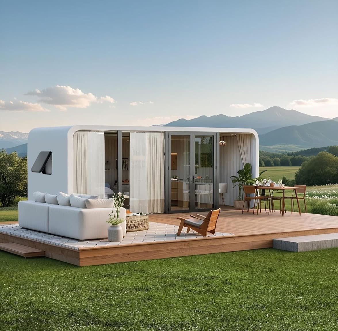 White capsule on a meadow deck with outdoor lounge