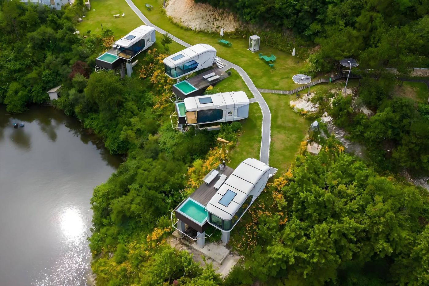 Capsules on green hillside