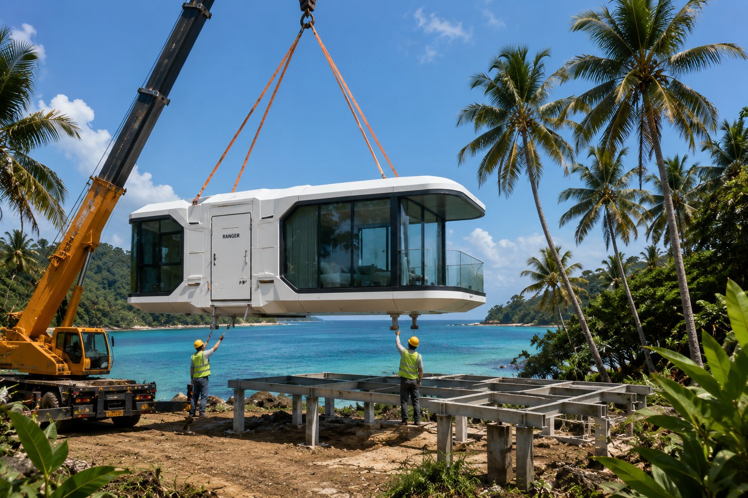 Capsule craned onto its seaside foundation