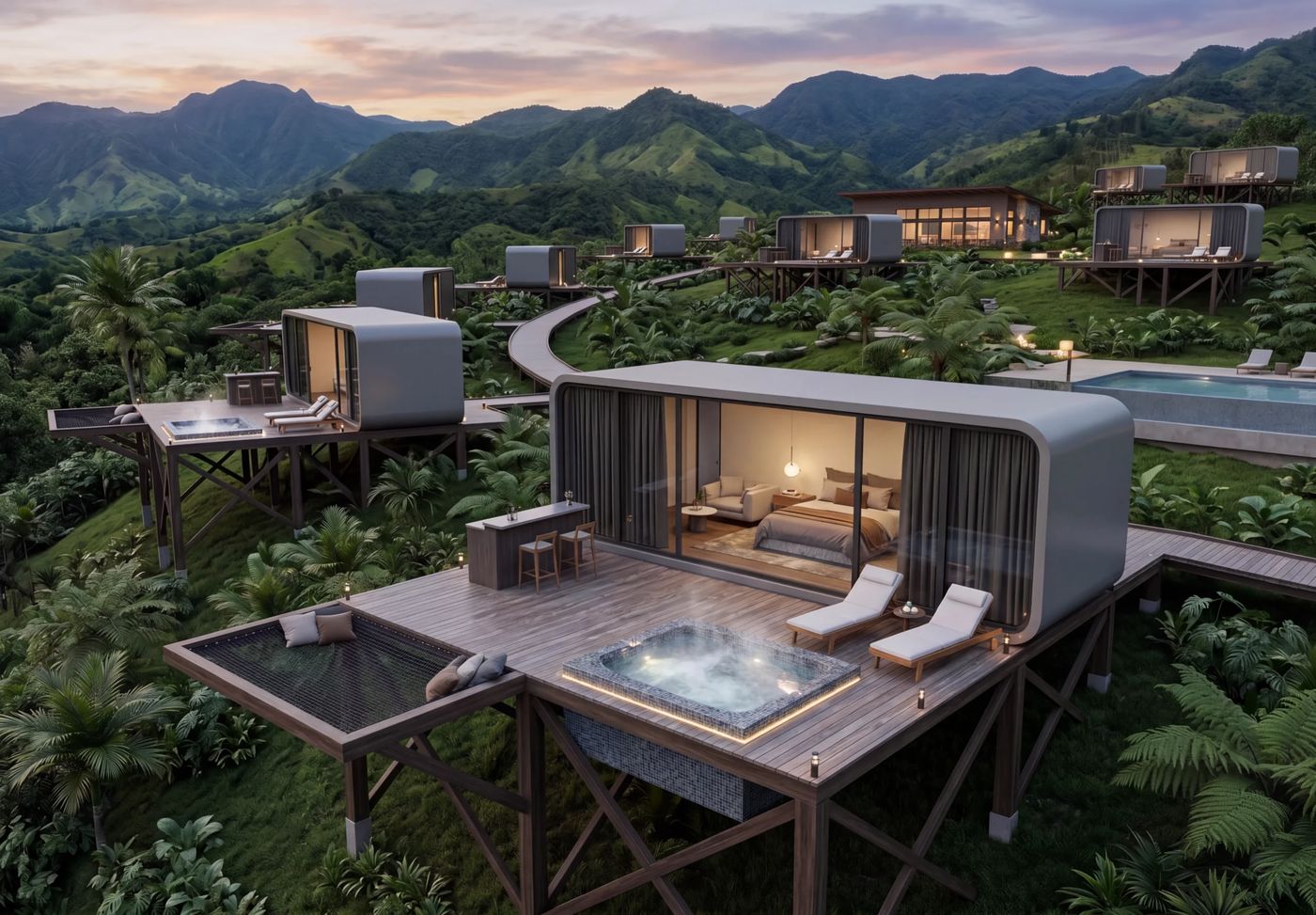 Capsule suite overlooking the resort valley at dusk