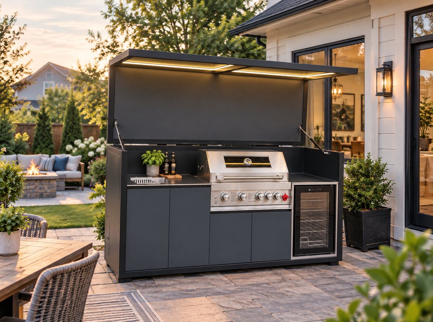 Dark grey outdoor kitchen installed in a backyard at dusk