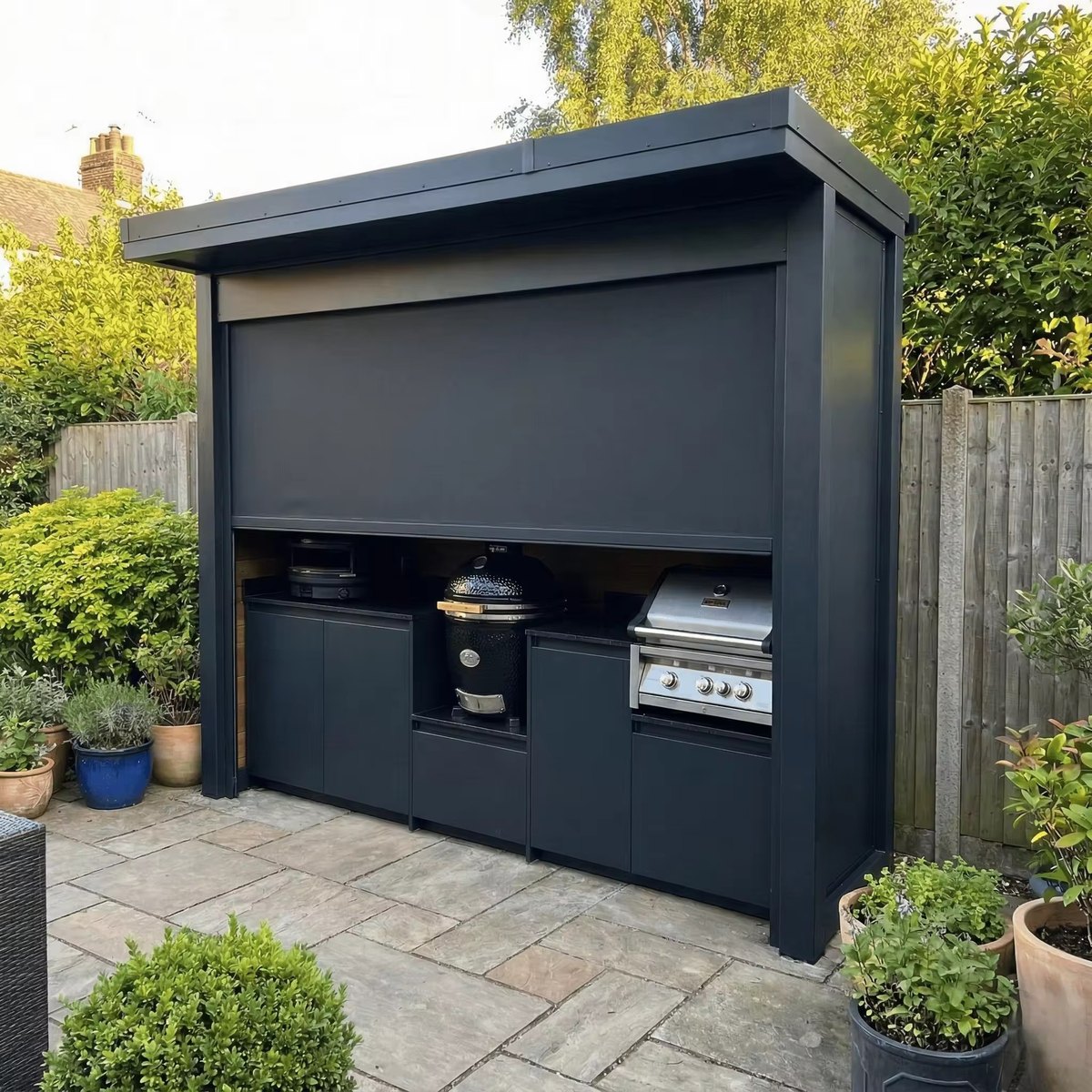 Outdoor kitchen with weather screen closed in a garden