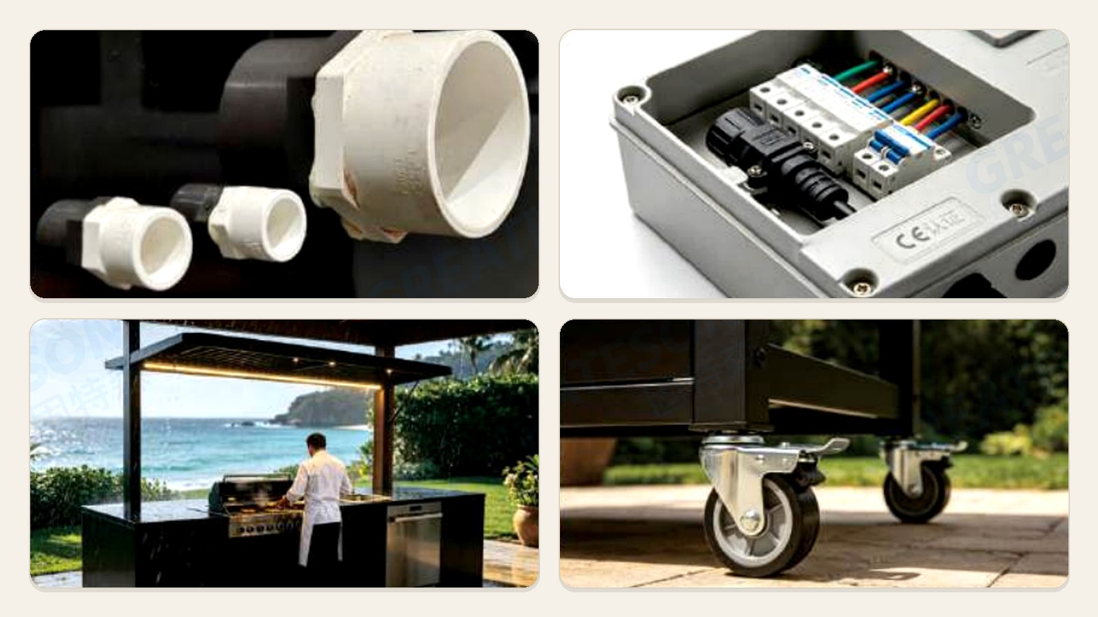 Outdoor kitchen reserved water supply, drainage, electrical and movable base details