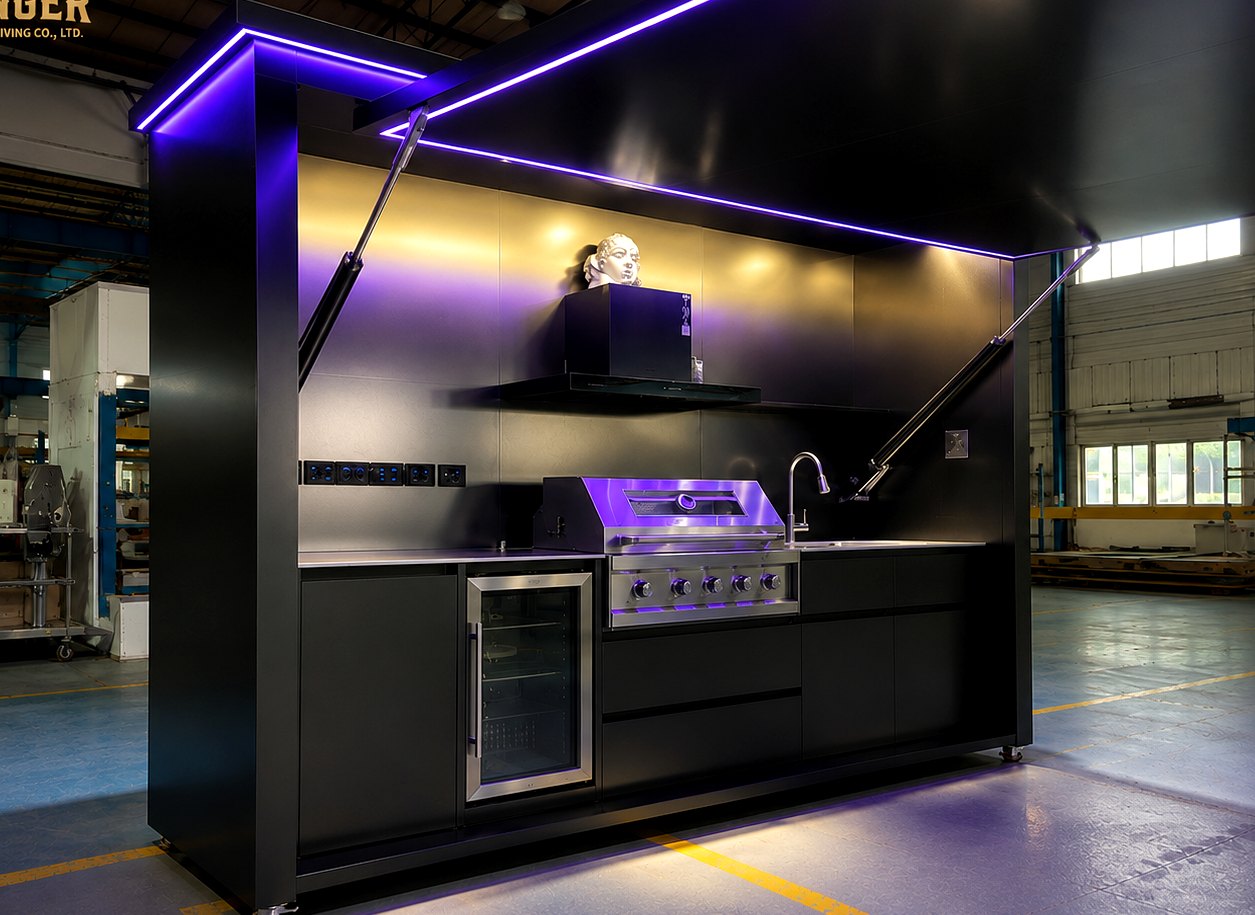 Factory lift-up outdoor kitchen with purple LED lighting
