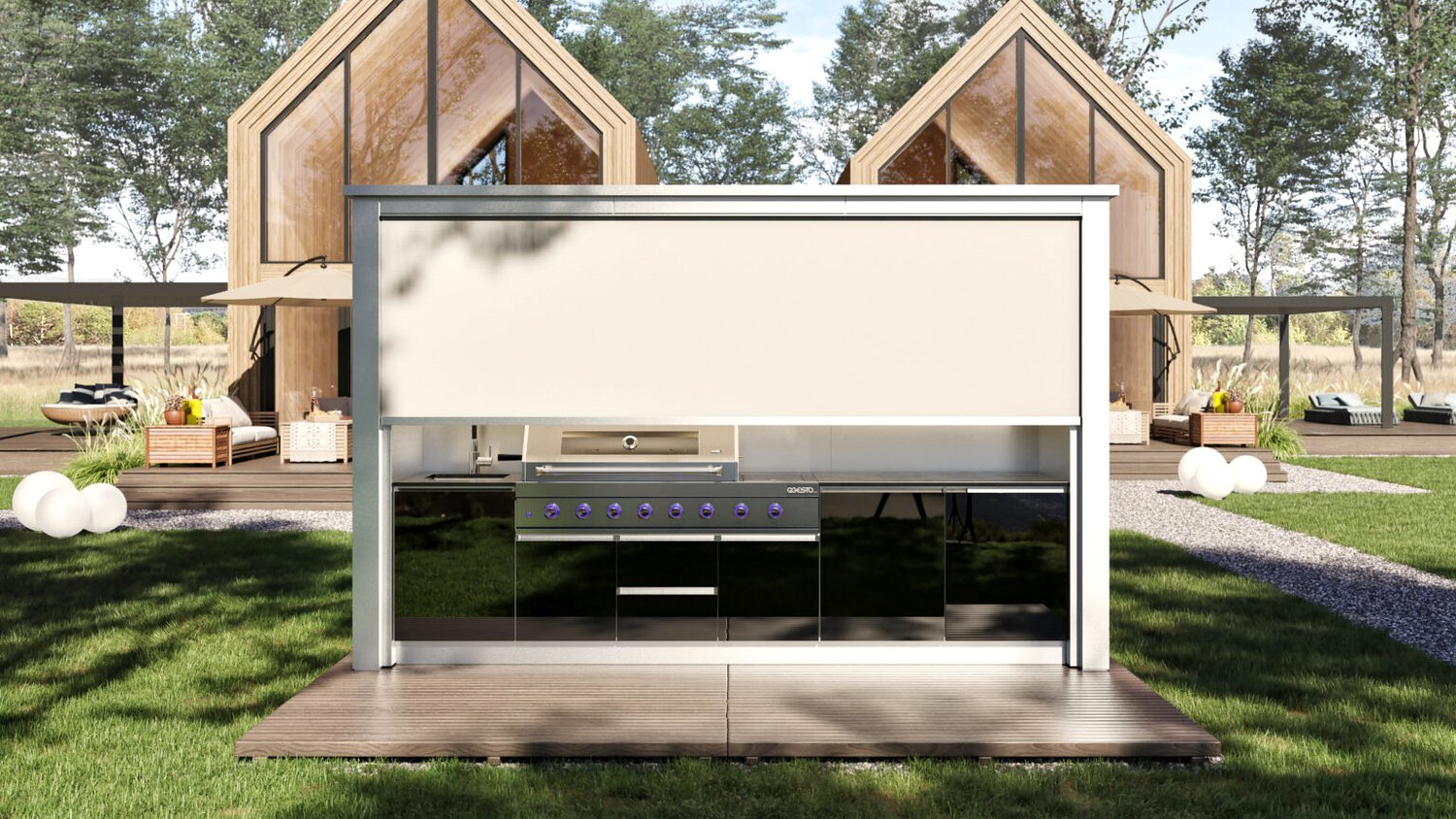 Automatic roll-up outdoor kitchen open with stainless cooking area