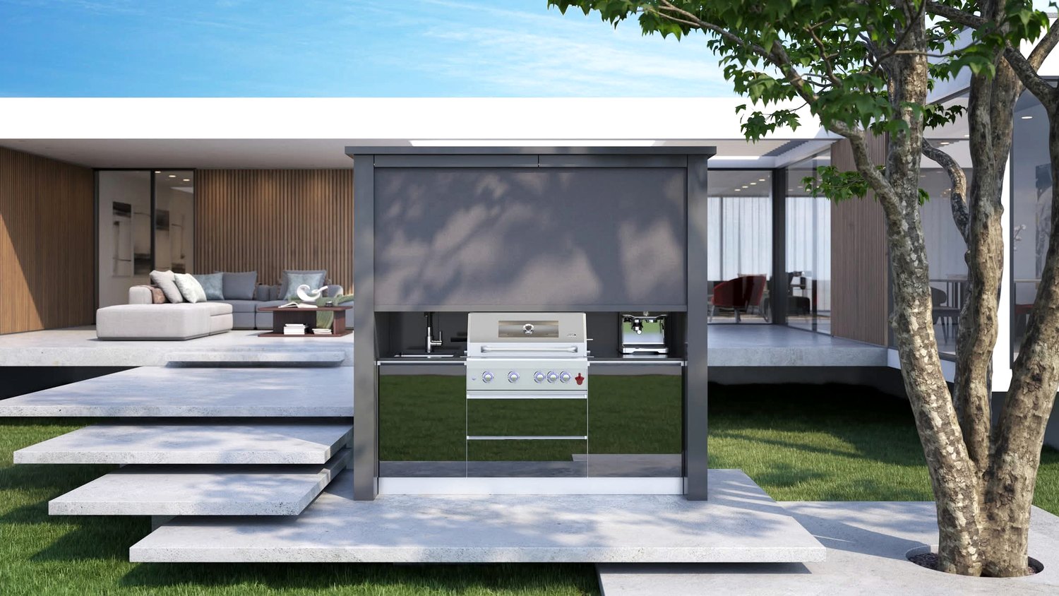 Roll-up outdoor kitchen stainless worktop and appliances
